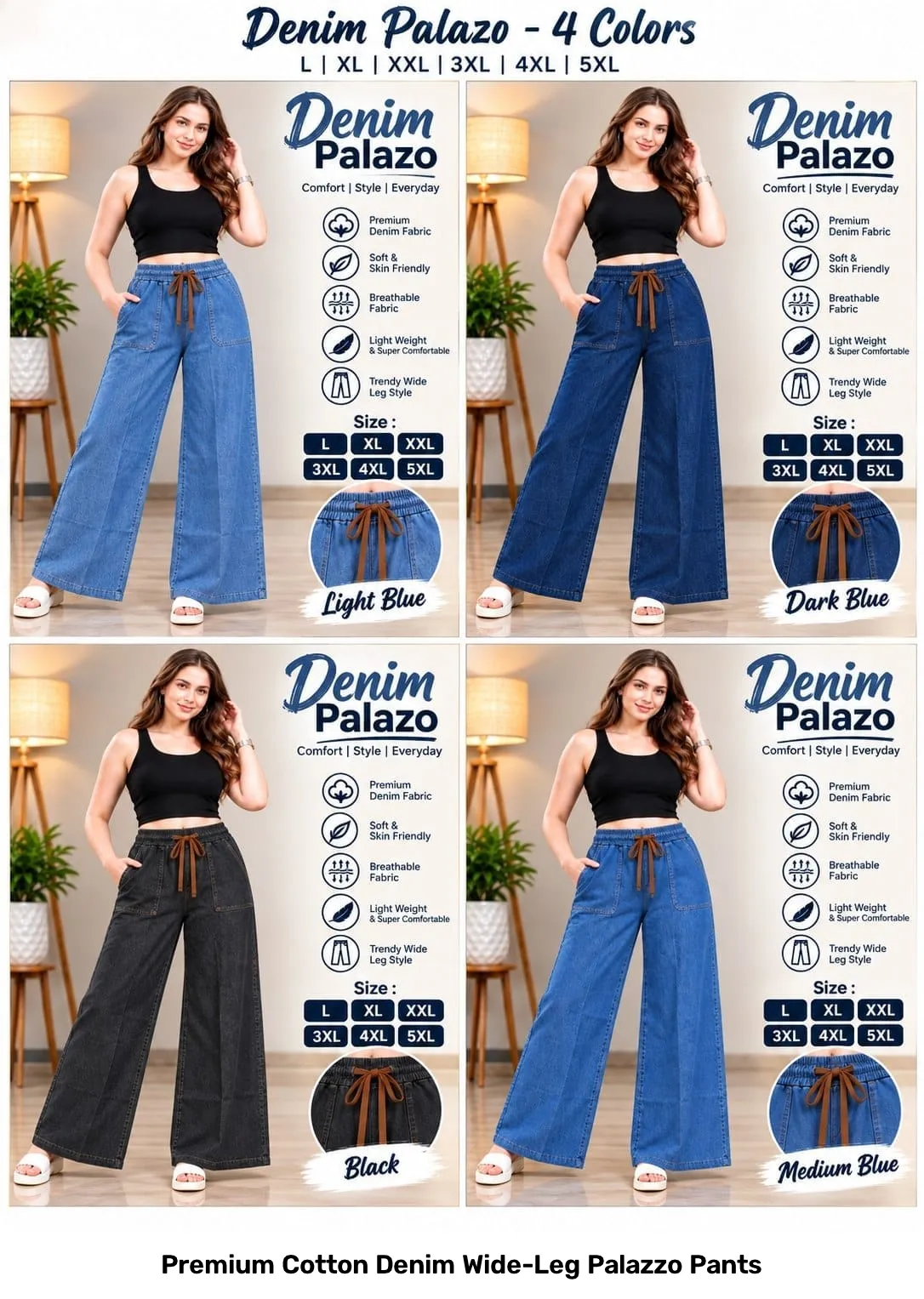 Premium Cotton Denim Wide-Leg Palazzo Pants 4