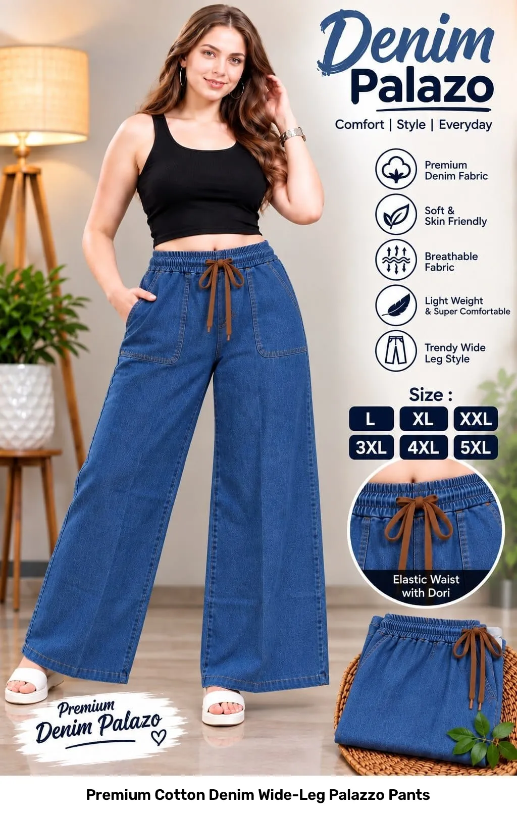 Premium Cotton Denim Wide-Leg Palazzo Pants 5