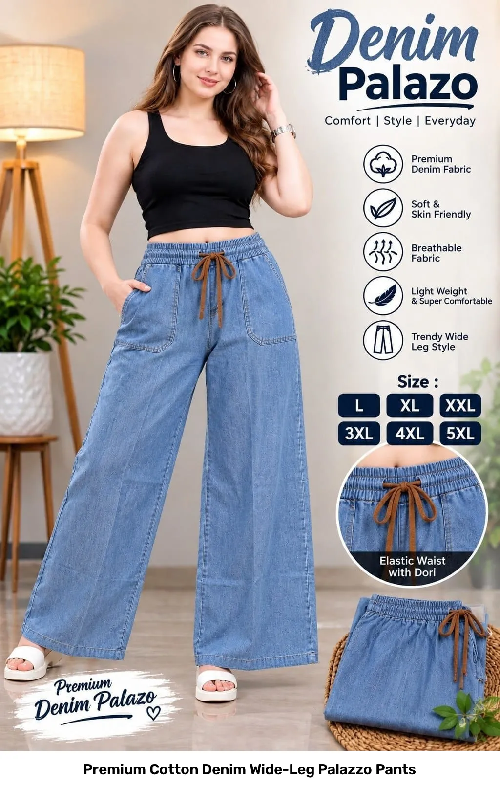 Premium Cotton Denim Wide-Leg Palazzo Pants 6