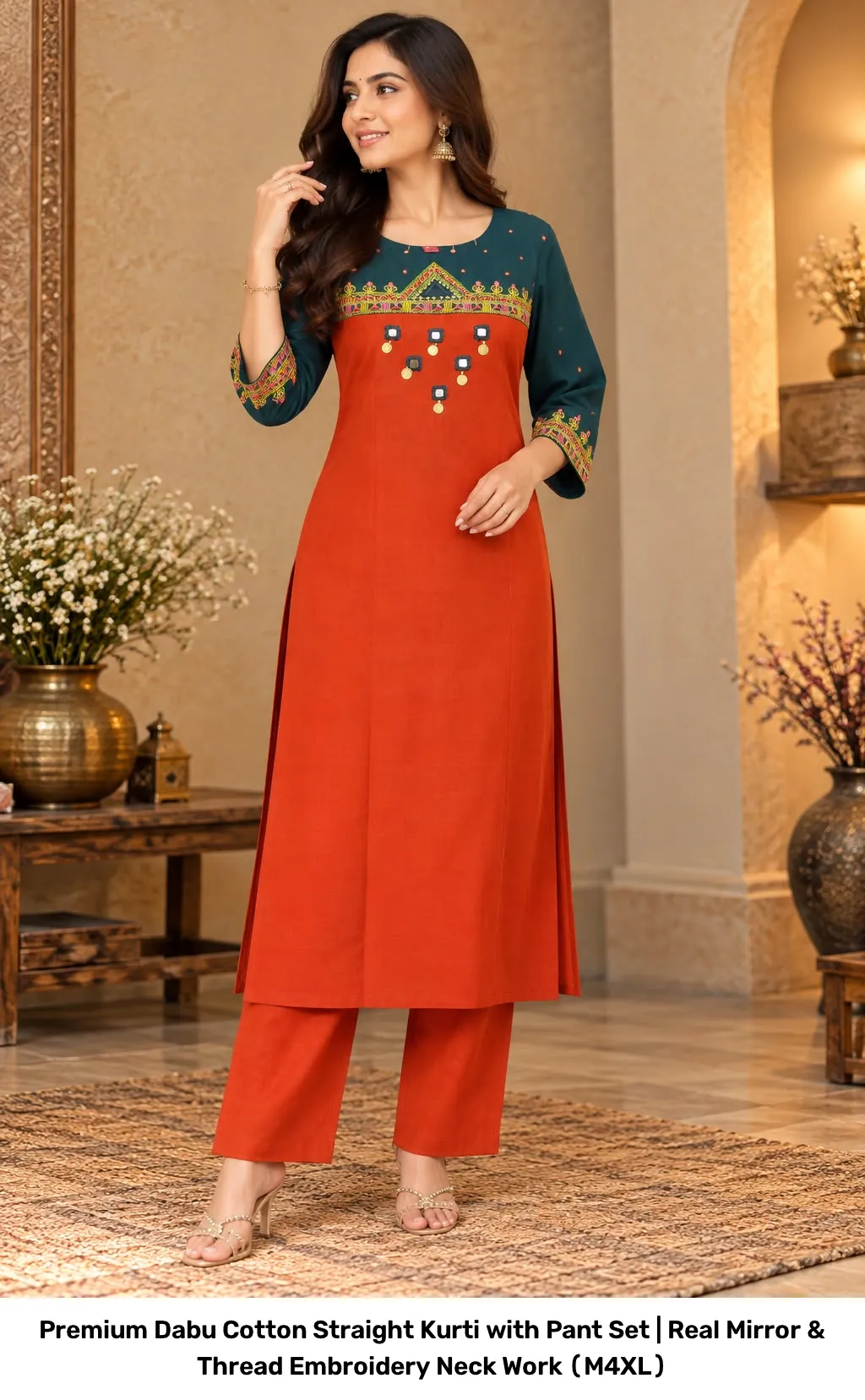 Premium Dabu Cotton Straight Kurti with Pant Set | Real Mirror & Thread Embroidery Neck Work (M–4XL) 2