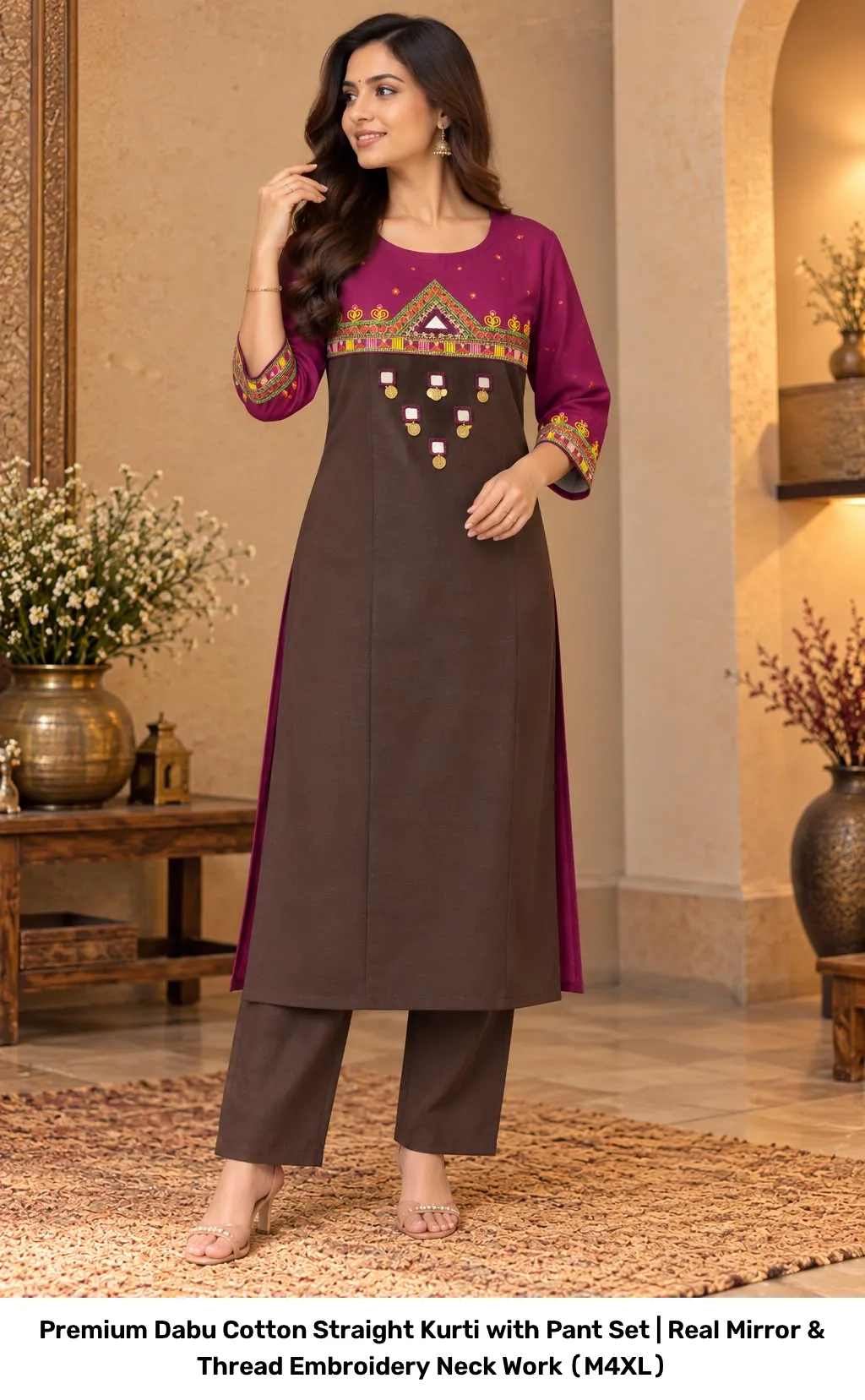 Premium Dabu Cotton Straight Kurti with Pant Set | Real Mirror & Thread Embroidery Neck Work (M–4XL) 3