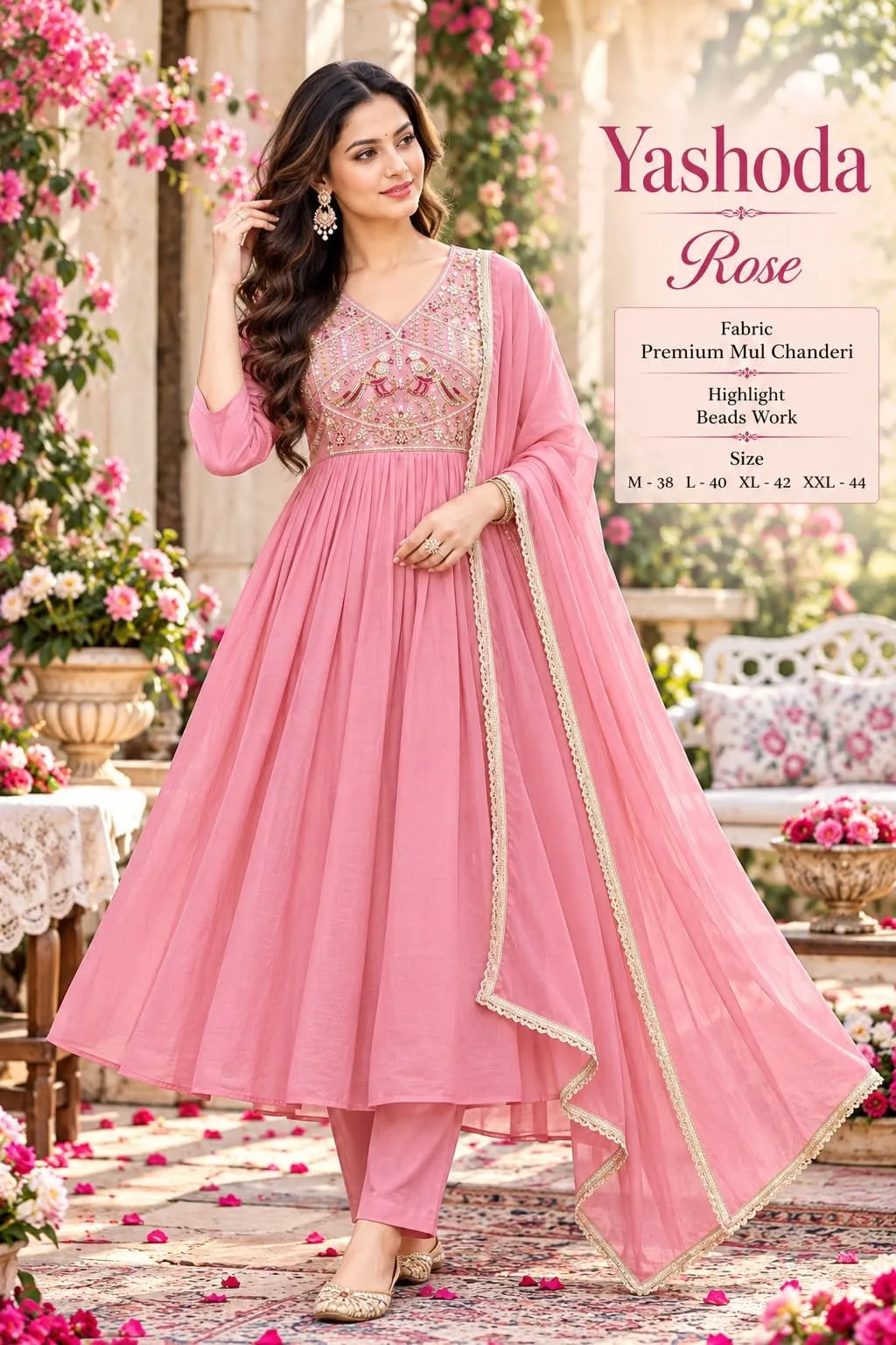 Premium Mul Chanderi Flared Anarkali Kurta Set with Pant & Dupatta | Embroidered Beads Work Yoke Festive 3-Piece Suit (M–XXL)