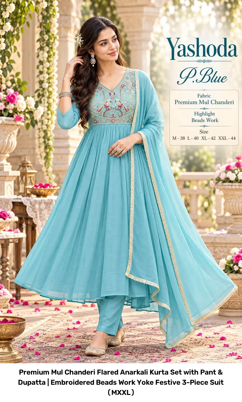 Premium Mul Chanderi Flared Anarkali Kurta Set with Pant & Dupatta | Embroidered Beads Work Yoke Festive 3-Piece Suit (M–XXL) 2