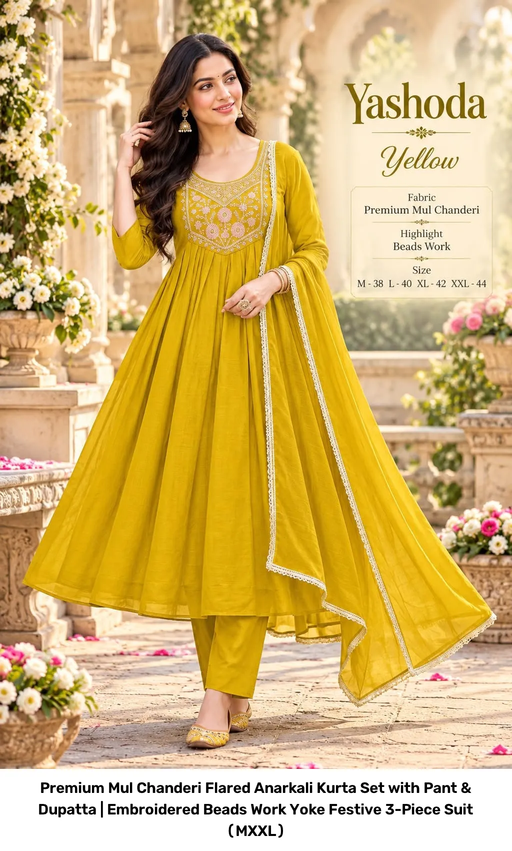 Premium Mul Chanderi Flared Anarkali Kurta Set with Pant & Dupatta | Embroidered Beads Work Yoke Festive 3-Piece Suit (M–XXL) 3