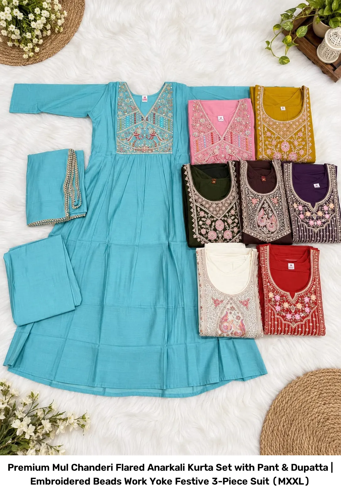 Premium Mul Chanderi Flared Anarkali Kurta Set with Pant & Dupatta | Embroidered Beads Work Yoke Festive 3-Piece Suit (M–XXL) 4
