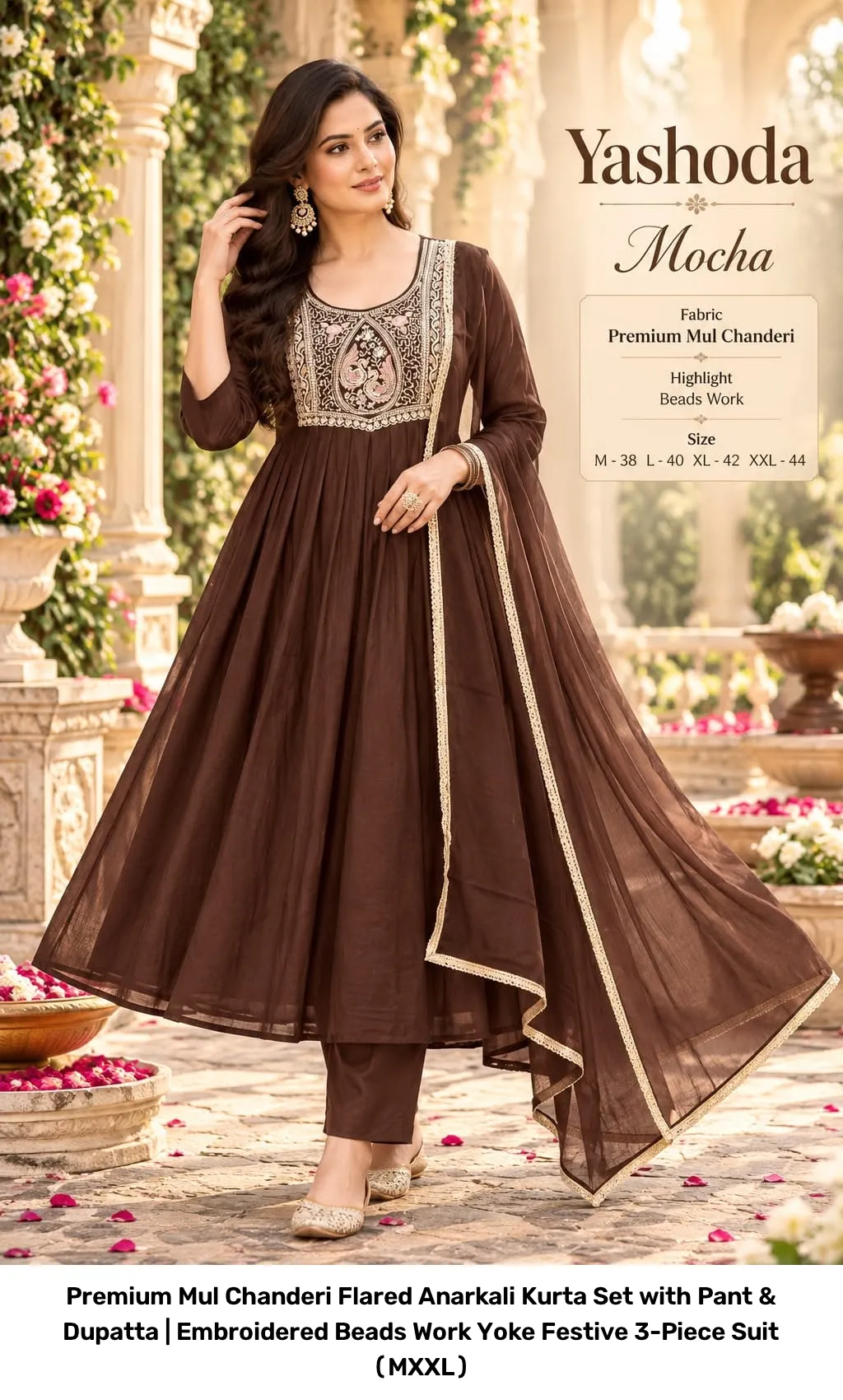 Premium Mul Chanderi Flared Anarkali Kurta Set with Pant & Dupatta | Embroidered Beads Work Yoke Festive 3-Piece Suit (M–XXL) 5