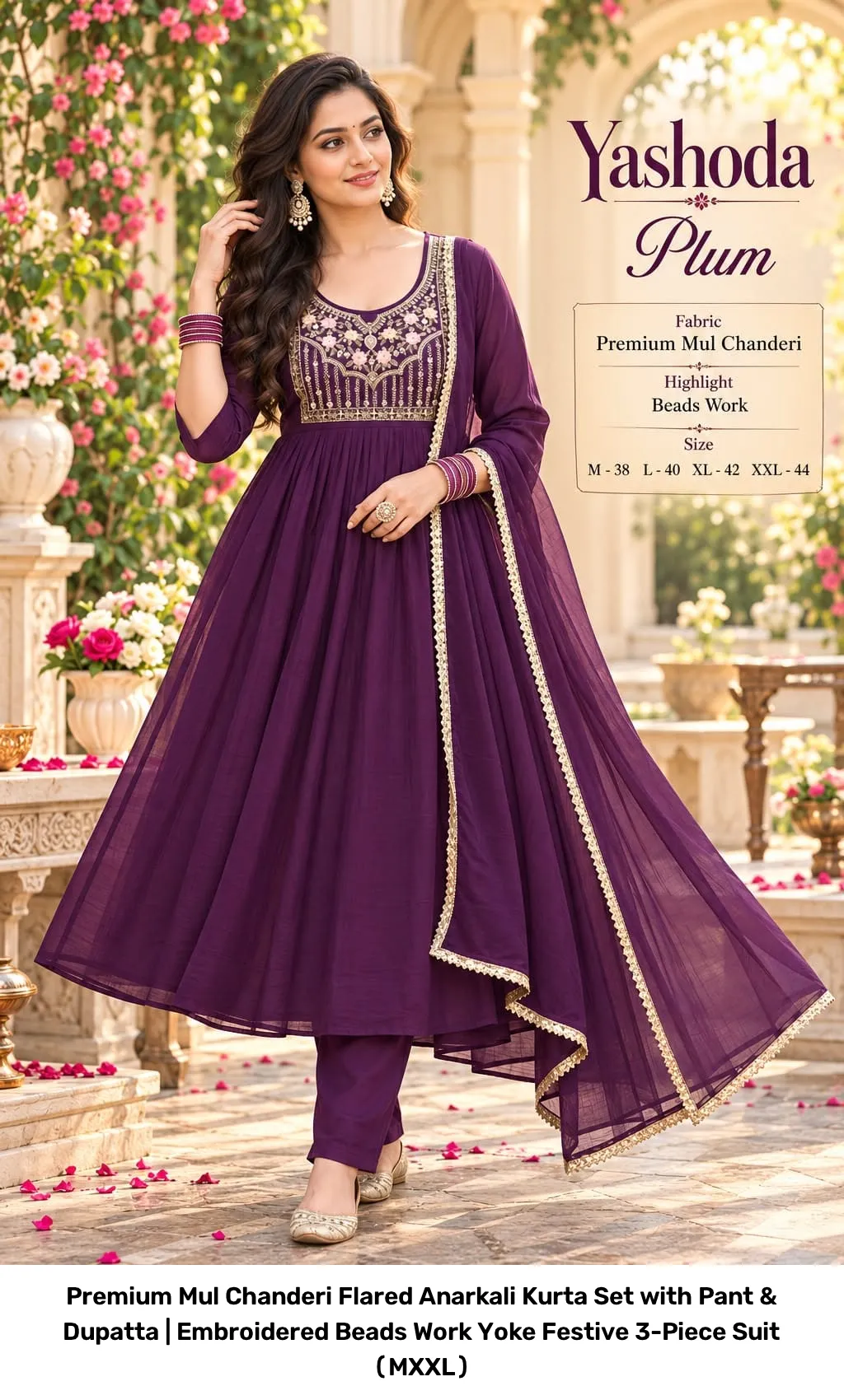Premium Mul Chanderi Flared Anarkali Kurta Set with Pant & Dupatta | Embroidered Beads Work Yoke Festive 3-Piece Suit (M–XXL) 6