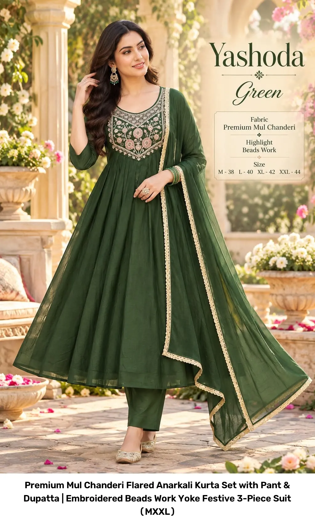 Premium Mul Chanderi Flared Anarkali Kurta Set with Pant & Dupatta | Embroidered Beads Work Yoke Festive 3-Piece Suit (M–XXL) 7
