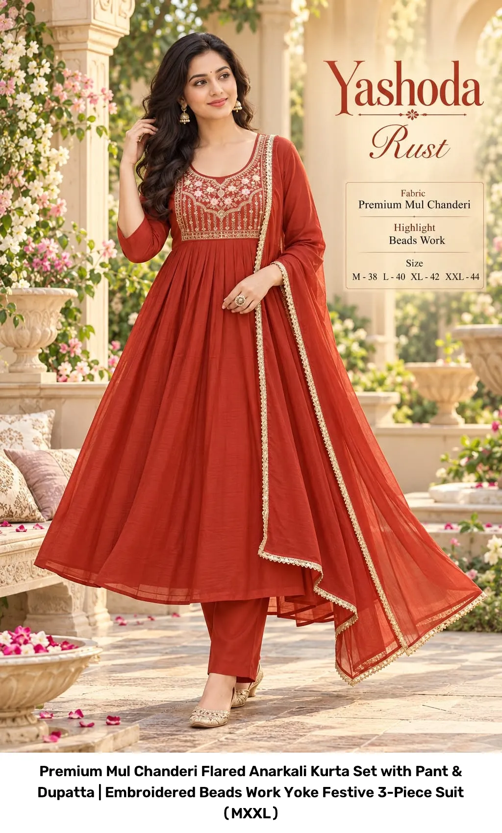 Premium Mul Chanderi Flared Anarkali Kurta Set with Pant & Dupatta | Embroidered Beads Work Yoke Festive 3-Piece Suit (M–XXL) 8