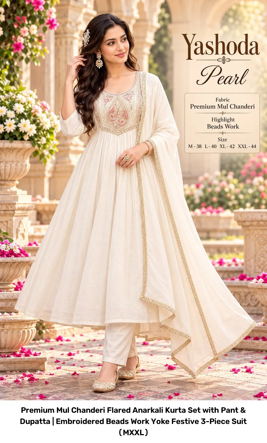 Premium Mul Chanderi Flared Anarkali Kurta Set with Pant & Dupatta | Embroidered Beads Work Yoke Festive 3-Piece Suit (M–XXL) 9