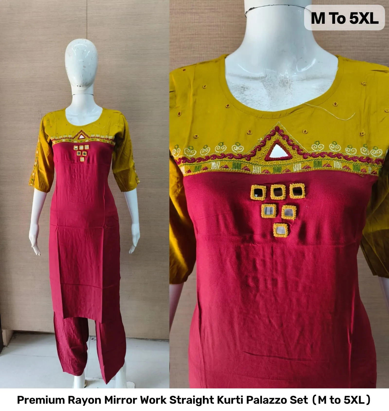 Premium Rayon Mirror Work Straight Kurti Palazzo Set (M to 5XL) 2