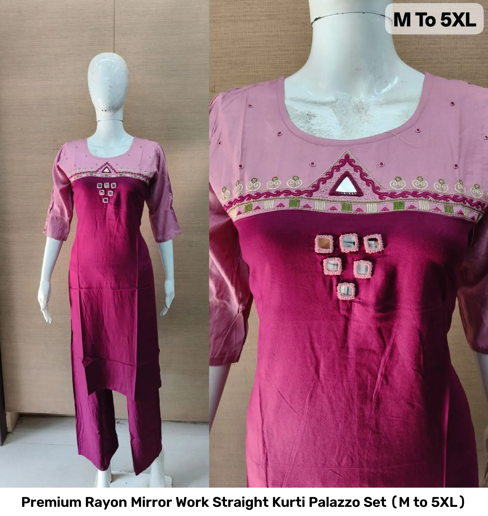 Premium Rayon Mirror Work Straight Kurti Palazzo Set (M to 5XL) 3