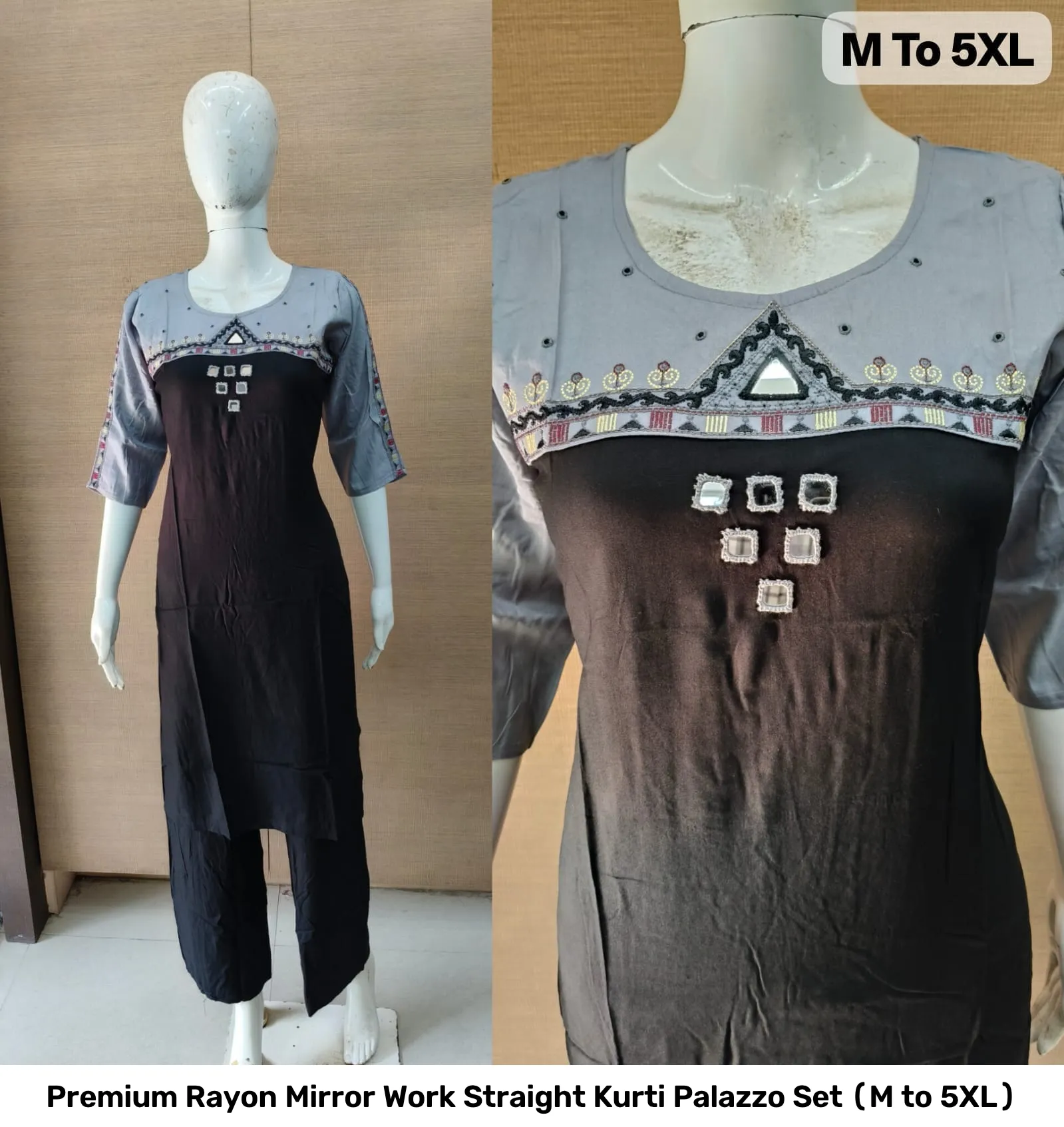 Premium Rayon Mirror Work Straight Kurti Palazzo Set (M to 5XL) 4
