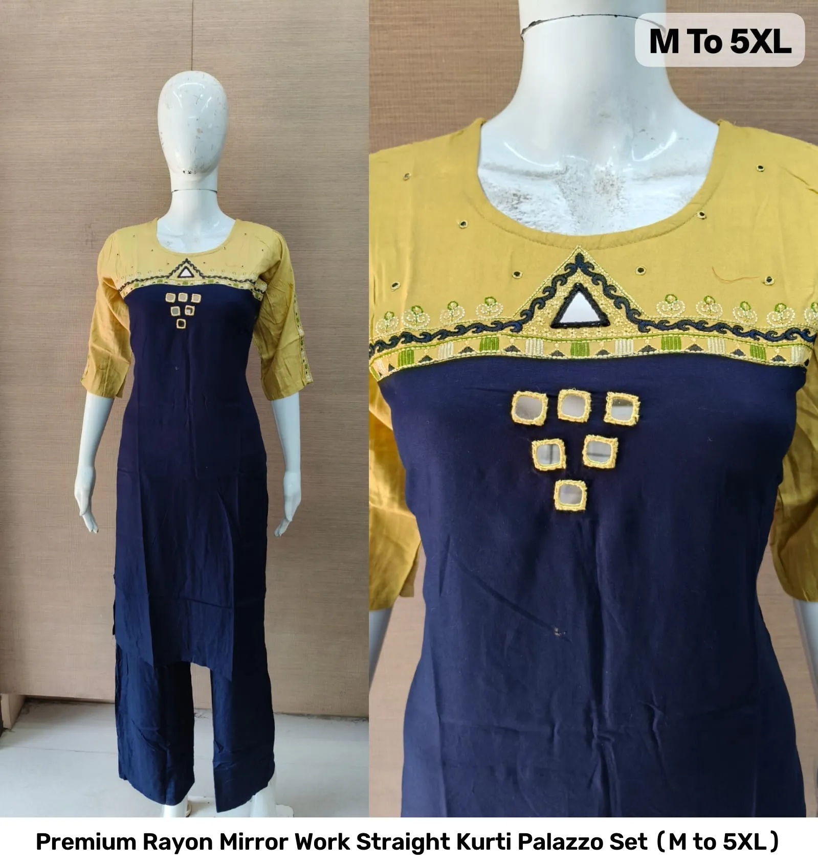 Premium Rayon Mirror Work Straight Kurti Palazzo Set (M to 5XL) 5