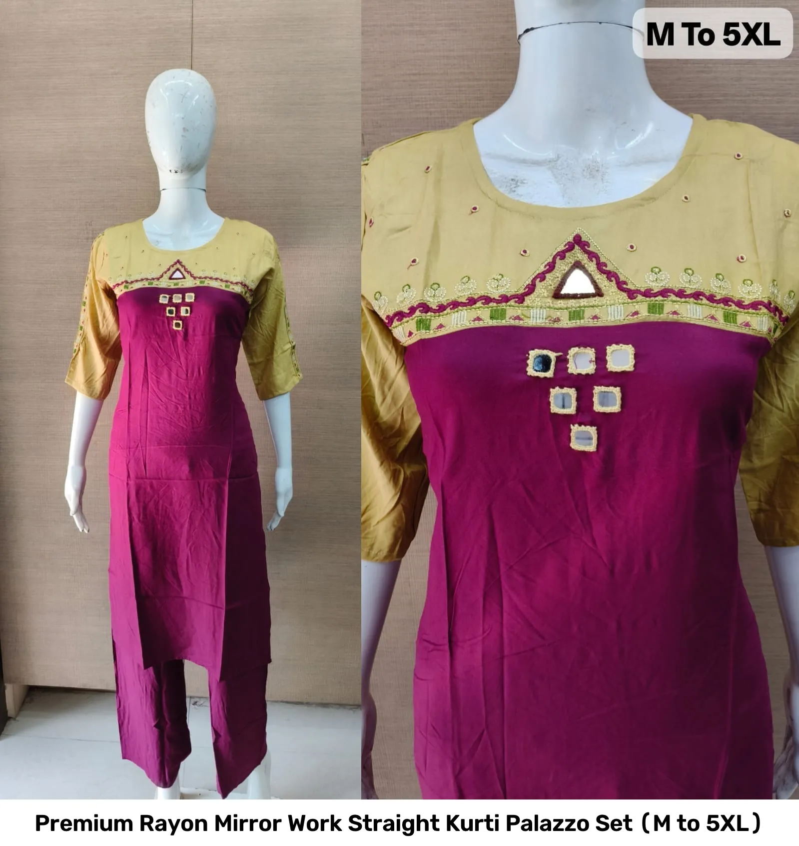 Premium Rayon Mirror Work Straight Kurti Palazzo Set (M to 5XL) 6