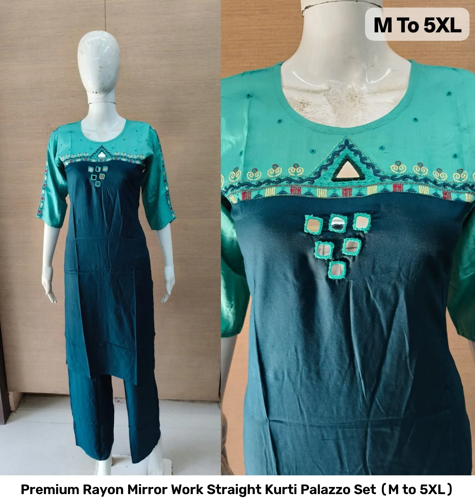 Premium Rayon Mirror Work Straight Kurti Palazzo Set (M to 5XL) 7