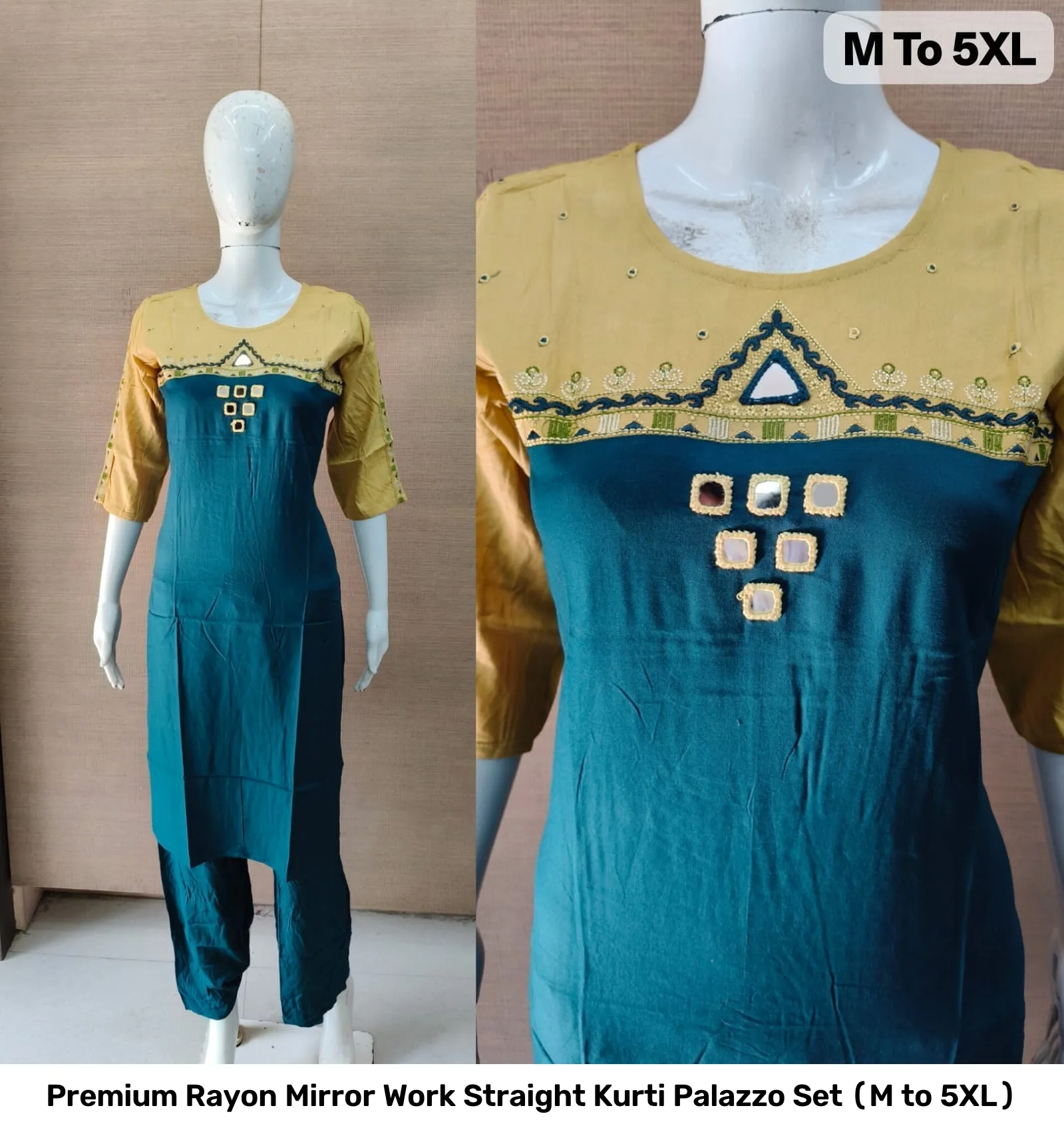 Premium Rayon Mirror Work Straight Kurti Palazzo Set (M to 5XL) 8