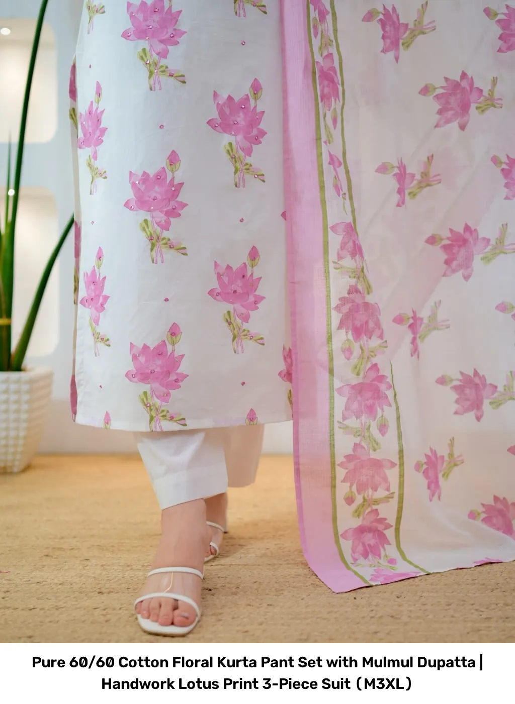 Pure 60/60 Cotton Floral Kurta Pant Set with Mulmul Dupatta | Handwork Lotus Print 3-Piece Suit (M–3XL) 10