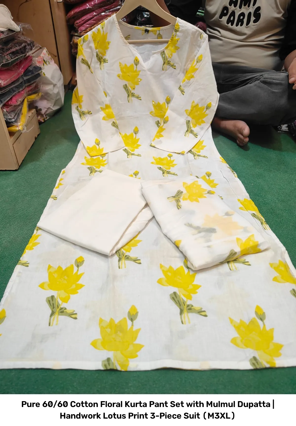 Pure 60/60 Cotton Floral Kurta Pant Set with Mulmul Dupatta | Handwork Lotus Print 3-Piece Suit (M–3XL) 11