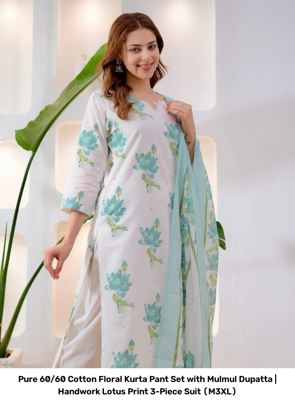 Pure 60/60 Cotton Floral Kurta Pant Set with Mulmul Dupatta | Handwork Lotus Print 3-Piece Suit (M–3XL) 12