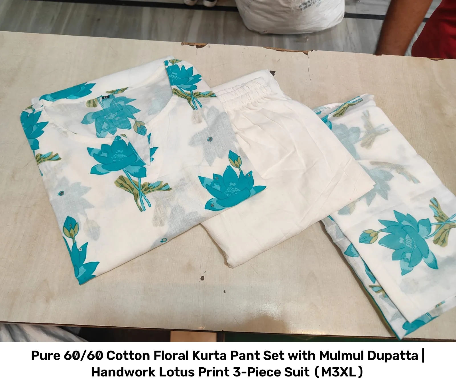 Pure 60/60 Cotton Floral Kurta Pant Set with Mulmul Dupatta | Handwork Lotus Print 3-Piece Suit (M–3XL) 13