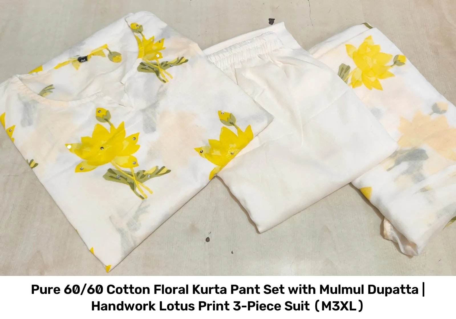 Pure 60/60 Cotton Floral Kurta Pant Set with Mulmul Dupatta | Handwork Lotus Print 3-Piece Suit (M–3XL) 14