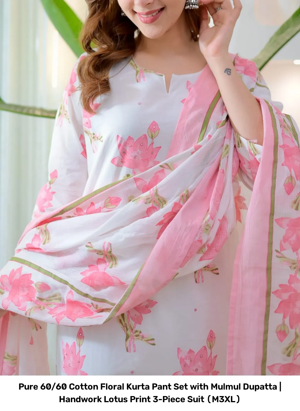 Pure 60/60 Cotton Floral Kurta Pant Set with Mulmul Dupatta | Handwork Lotus Print 3-Piece Suit (M–3XL) 15