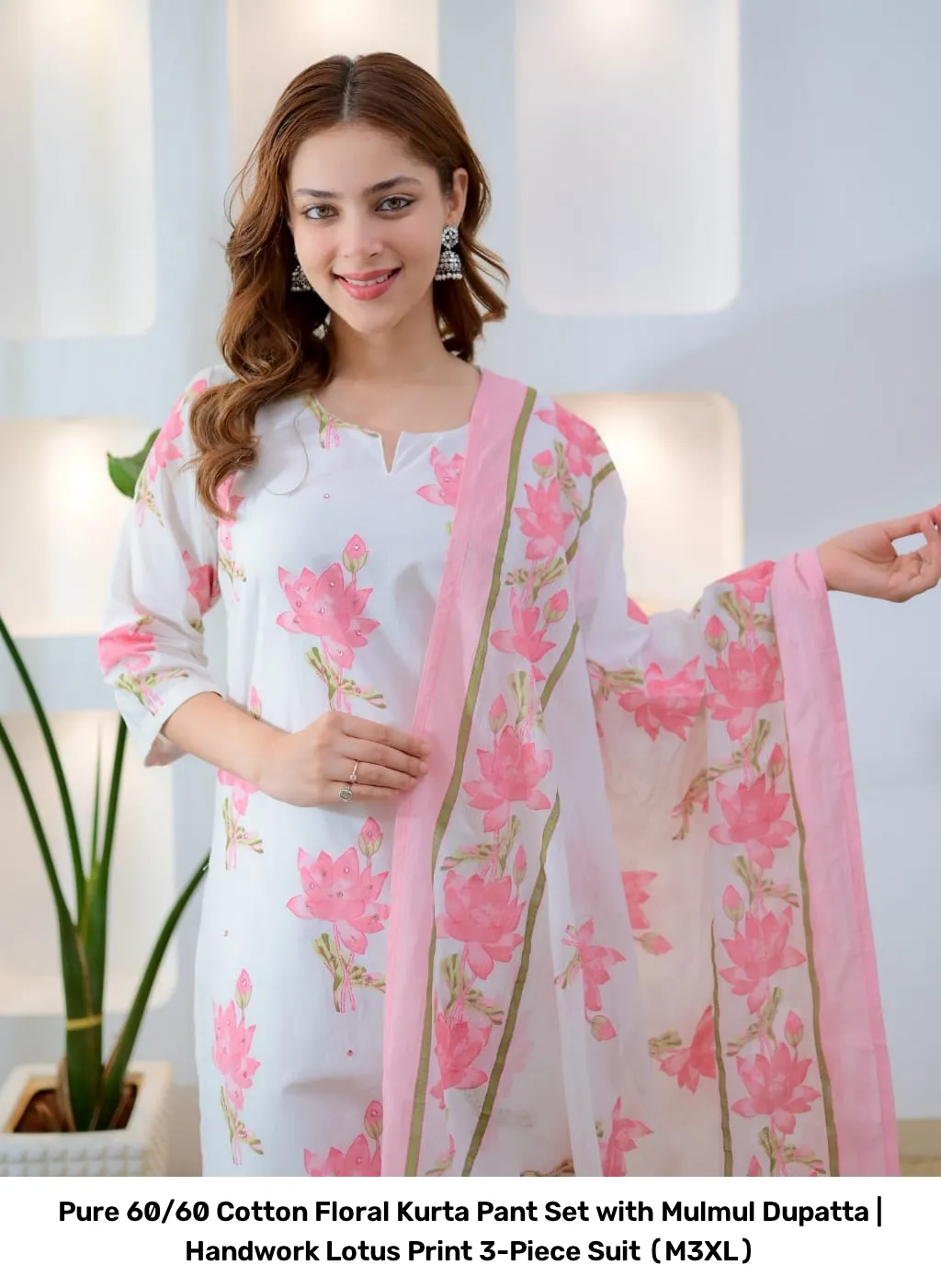 Pure 60/60 Cotton Floral Kurta Pant Set with Mulmul Dupatta | Handwork Lotus Print 3-Piece Suit (M–3XL) 16
