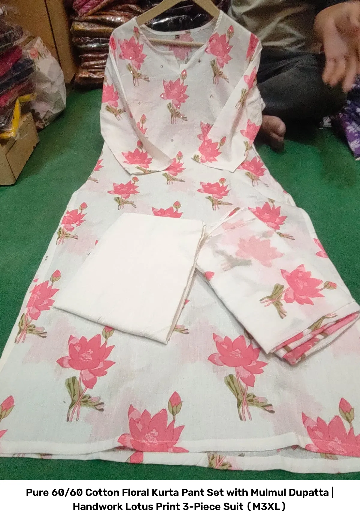 Pure 60/60 Cotton Floral Kurta Pant Set with Mulmul Dupatta | Handwork Lotus Print 3-Piece Suit (M–3XL) 2