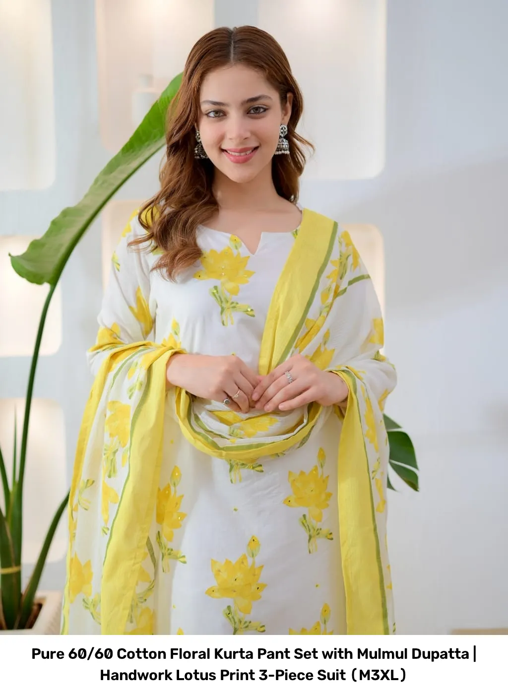 Pure 60/60 Cotton Floral Kurta Pant Set with Mulmul Dupatta | Handwork Lotus Print 3-Piece Suit (M–3XL) 3