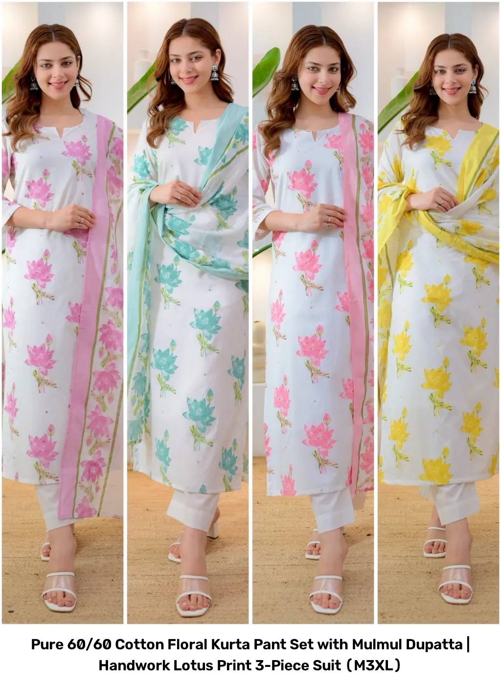 Pure 60/60 Cotton Floral Kurta Pant Set with Mulmul Dupatta | Handwork Lotus Print 3-Piece Suit (M–3XL) 4
