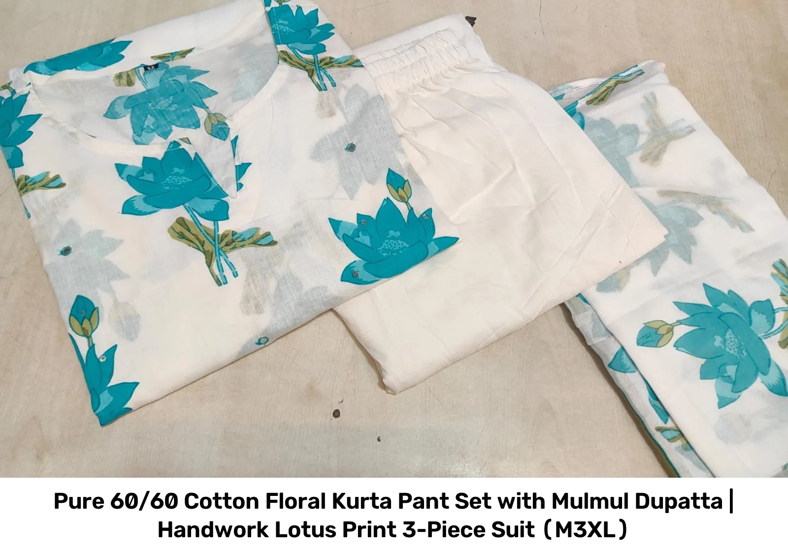 Pure 60/60 Cotton Floral Kurta Pant Set with Mulmul Dupatta | Handwork Lotus Print 3-Piece Suit (M–3XL) 5