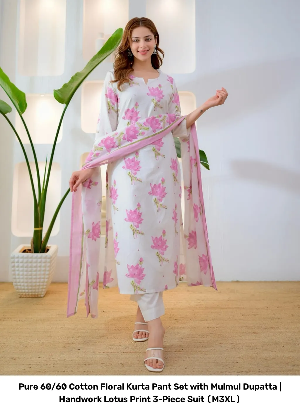 Pure 60/60 Cotton Floral Kurta Pant Set with Mulmul Dupatta | Handwork Lotus Print 3-Piece Suit (M–3XL) 6