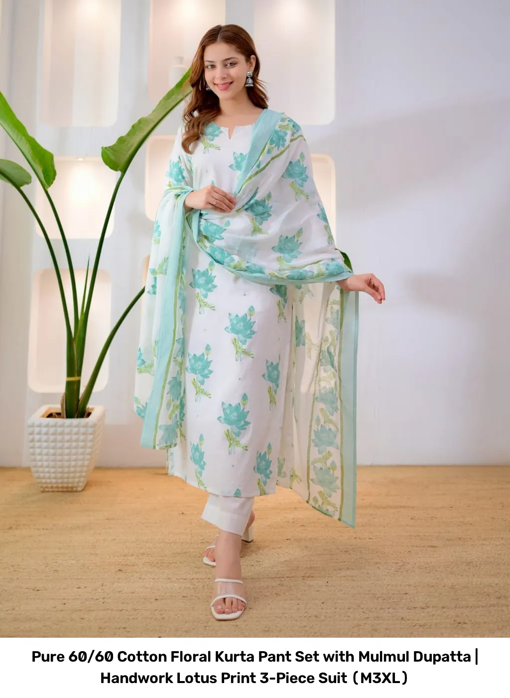 Pure 60/60 Cotton Floral Kurta Pant Set with Mulmul Dupatta | Handwork Lotus Print 3-Piece Suit (M–3XL) 7