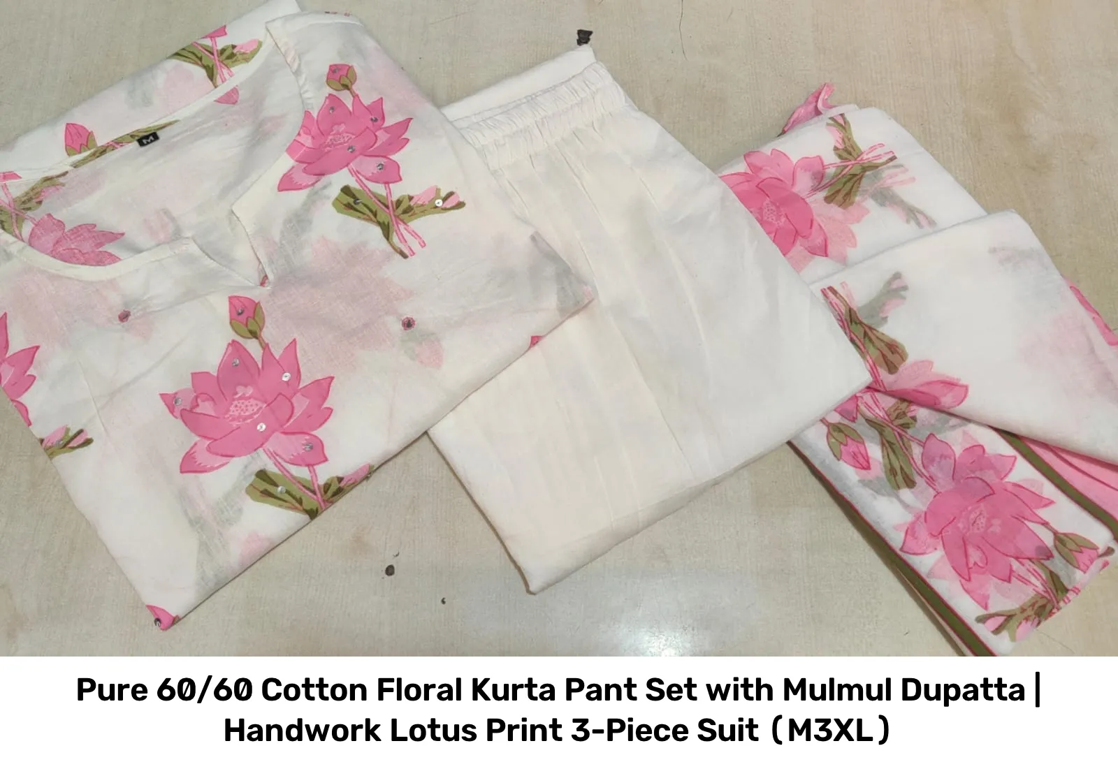 Pure 60/60 Cotton Floral Kurta Pant Set with Mulmul Dupatta | Handwork Lotus Print 3-Piece Suit (M–3XL) 8