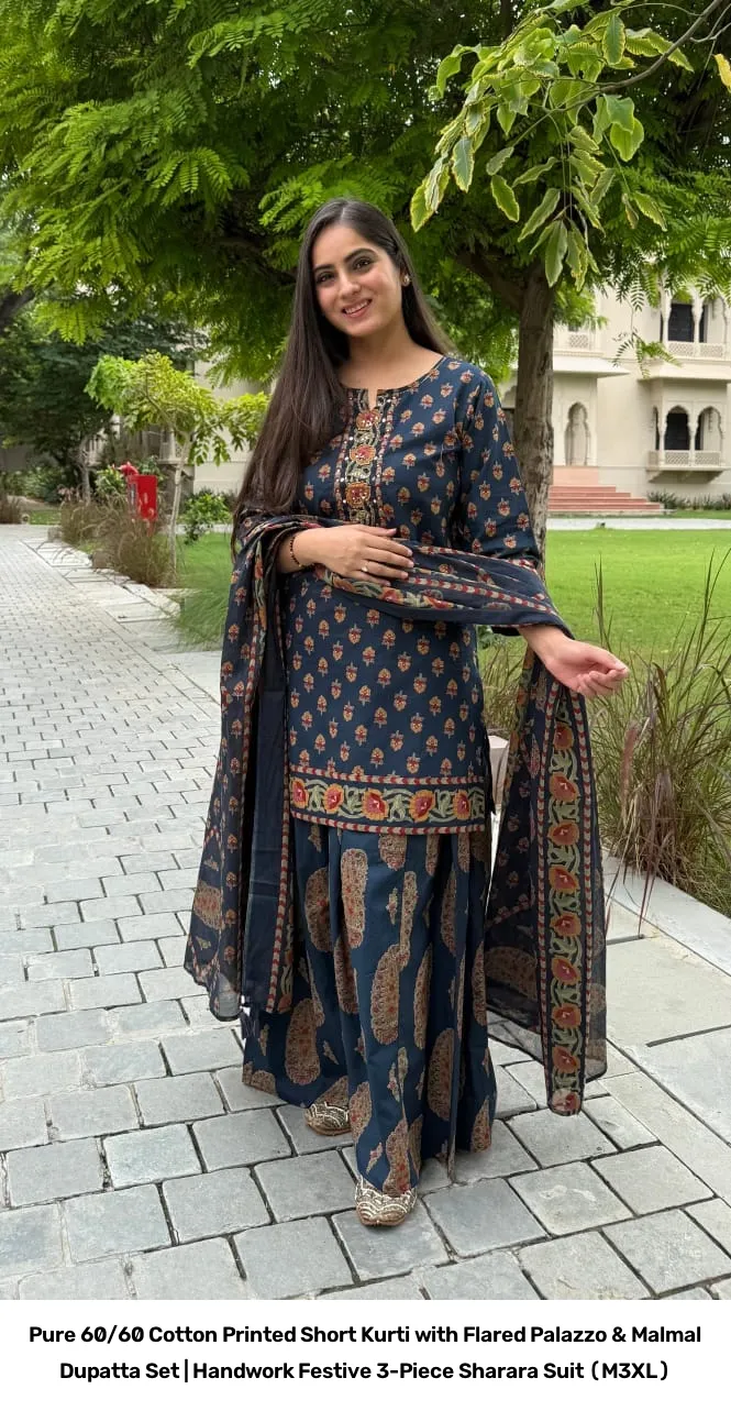 Pure 60/60 Cotton Printed Short Kurti with Flared Palazzo & Malmal Dupatta Set | Handwork Festive 3-Piece Sharara Suit (M–3XL) 12
