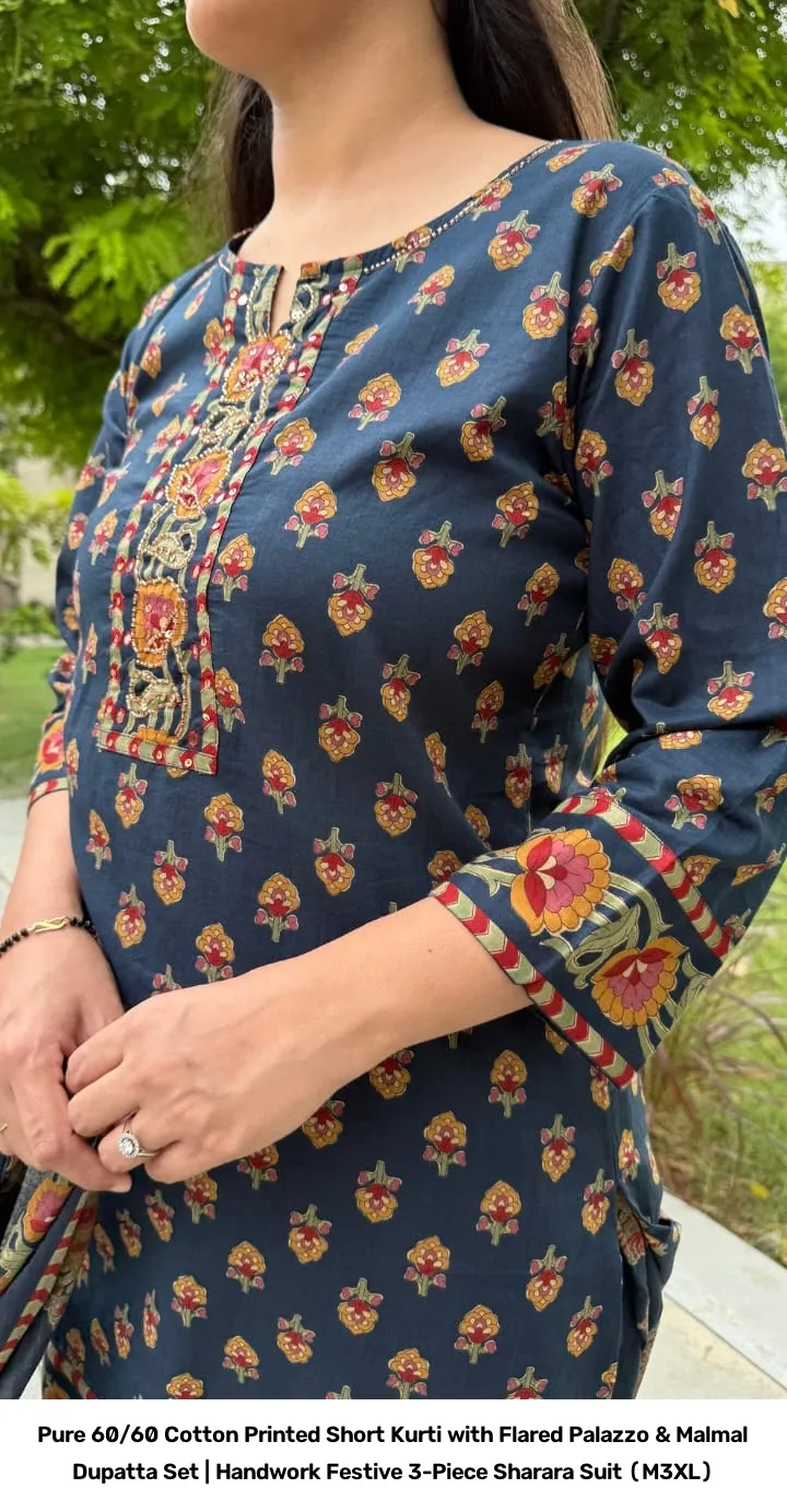Pure 60/60 Cotton Printed Short Kurti with Flared Palazzo & Malmal Dupatta Set | Handwork Festive 3-Piece Sharara Suit (M–3XL) 2