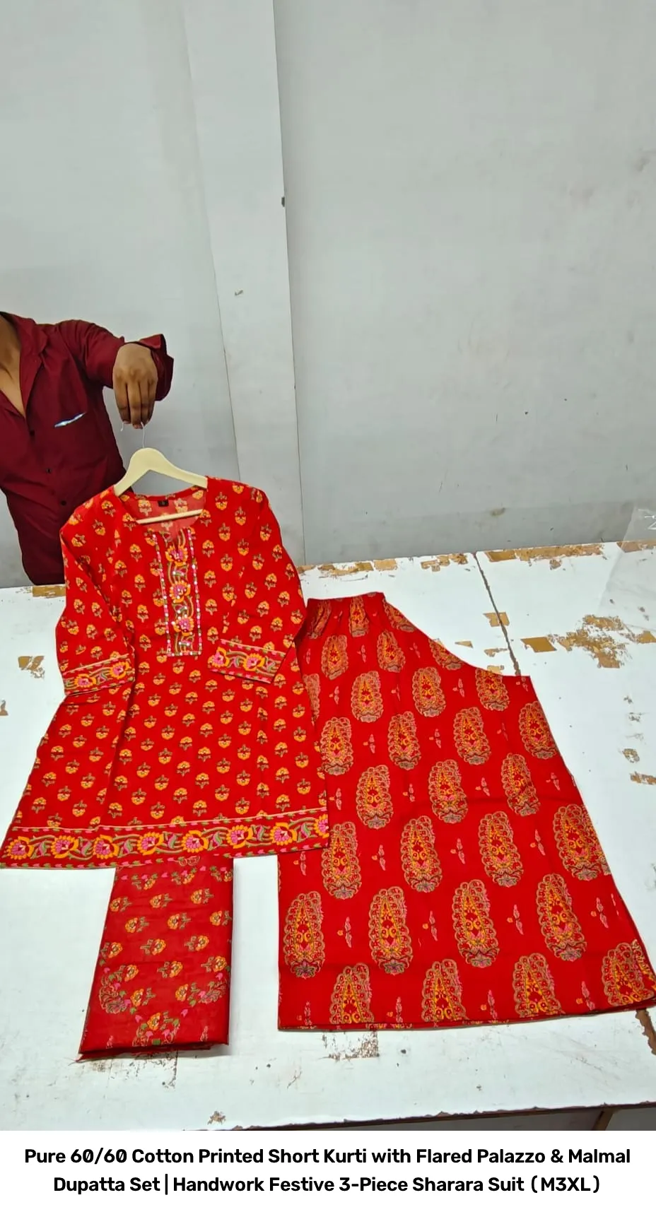 Pure 60/60 Cotton Printed Short Kurti with Flared Palazzo & Malmal Dupatta Set | Handwork Festive 3-Piece Sharara Suit (M–3XL) 5