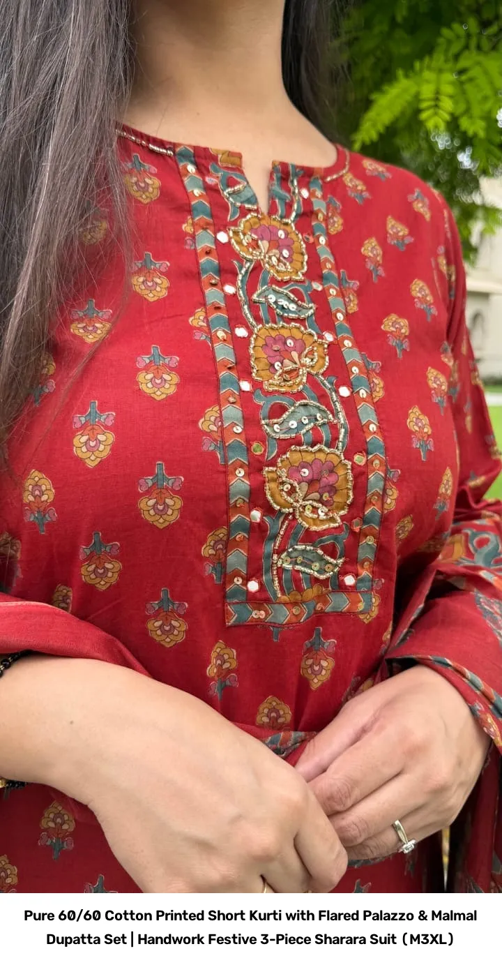 Pure 60/60 Cotton Printed Short Kurti with Flared Palazzo & Malmal Dupatta Set | Handwork Festive 3-Piece Sharara Suit (M–3XL) 6