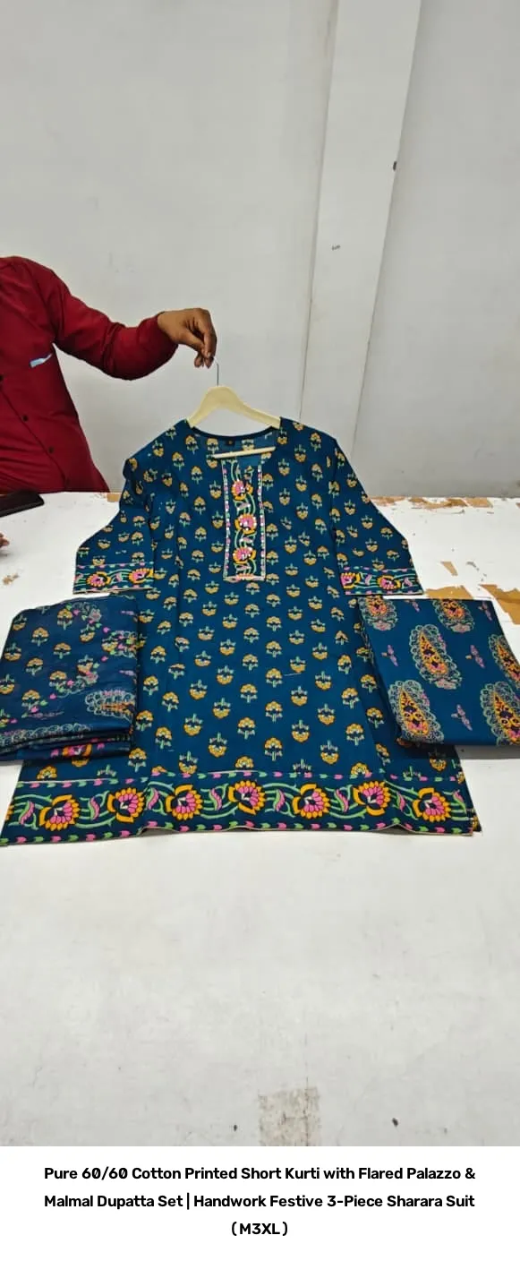 Pure 60/60 Cotton Printed Short Kurti with Flared Palazzo & Malmal Dupatta Set | Handwork Festive 3-Piece Sharara Suit (M–3XL) 8