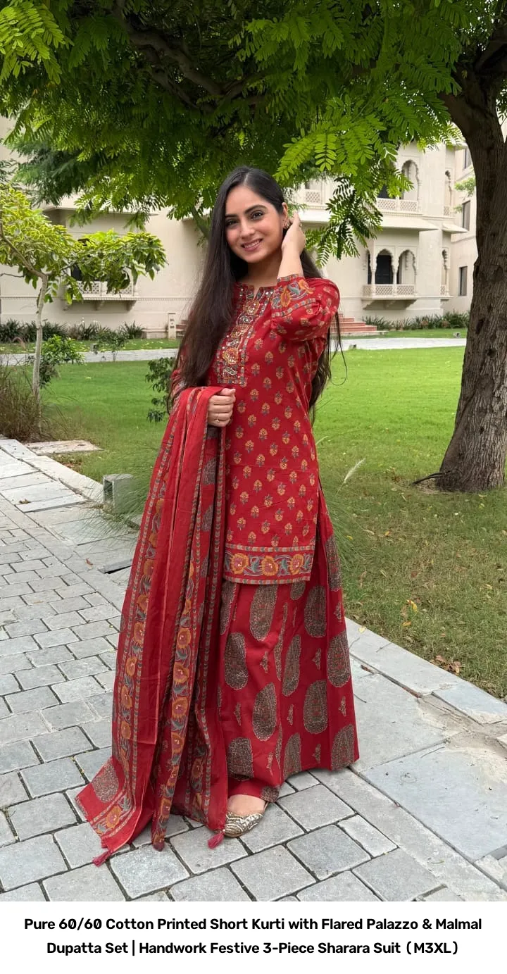 Pure 60/60 Cotton Printed Short Kurti with Flared Palazzo & Malmal Dupatta Set | Handwork Festive 3-Piece Sharara Suit (M–3XL) 9
