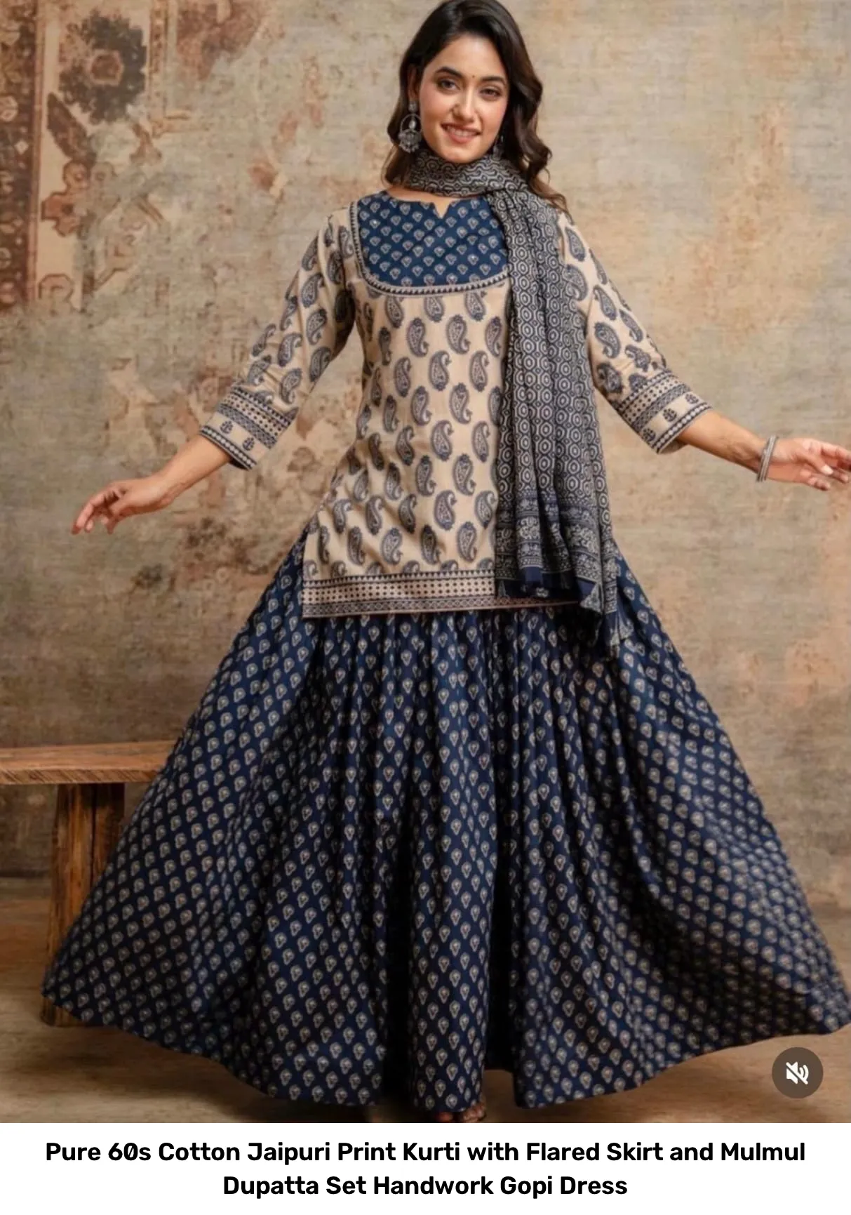 Pure 60s Cotton Jaipuri Print Kurti with Flared Skirt and Mulmul Dupatta Set – Handwork Gopi Dress 10