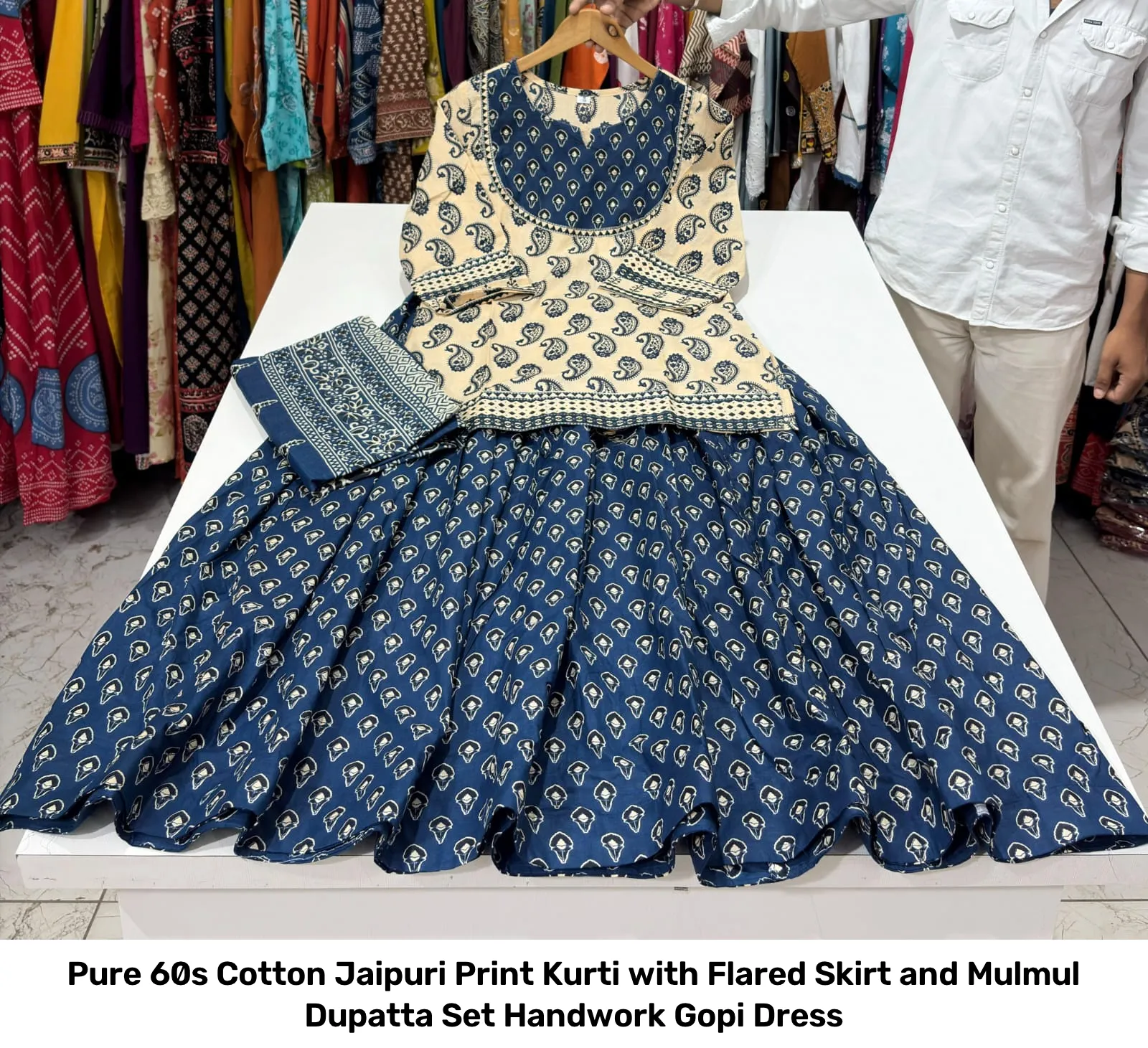 Pure 60s Cotton Jaipuri Print Kurti with Flared Skirt and Mulmul Dupatta Set – Handwork Gopi Dress 11