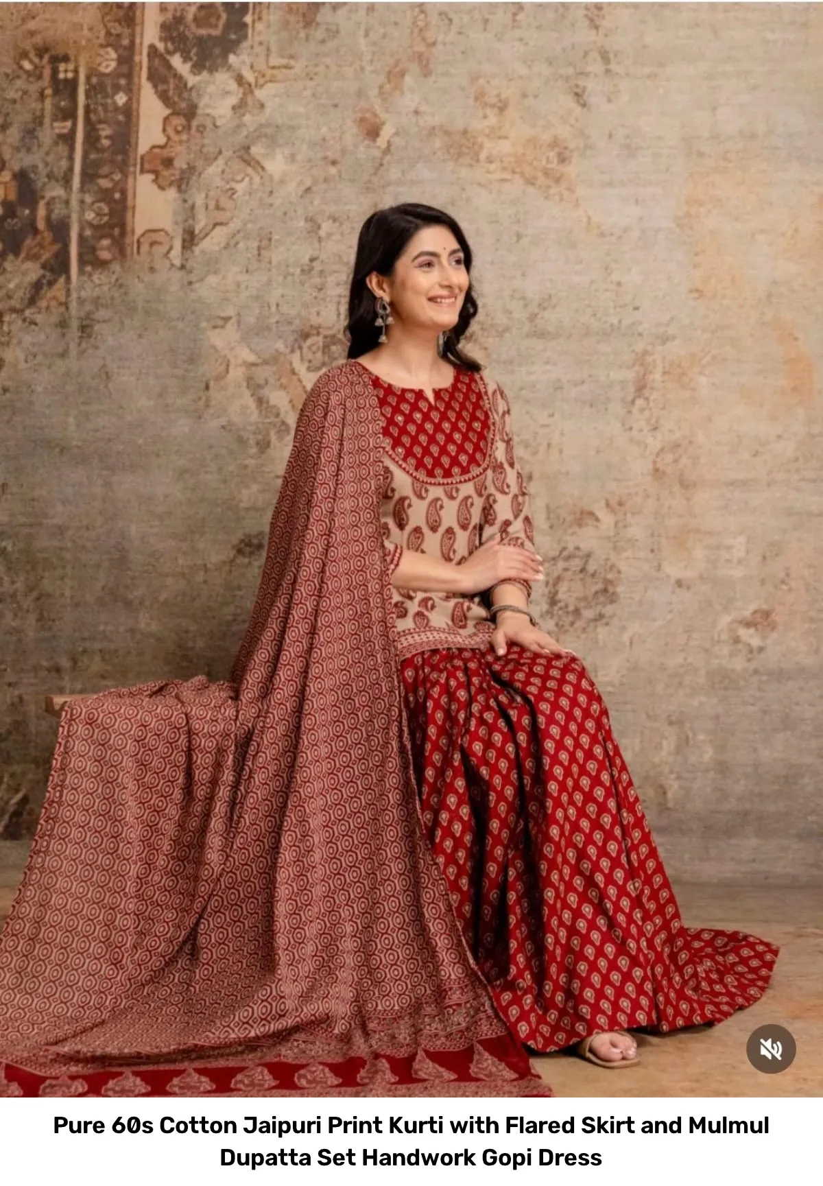 Pure 60s Cotton Jaipuri Print Kurti with Flared Skirt and Mulmul Dupatta Set – Handwork Gopi Dress 2