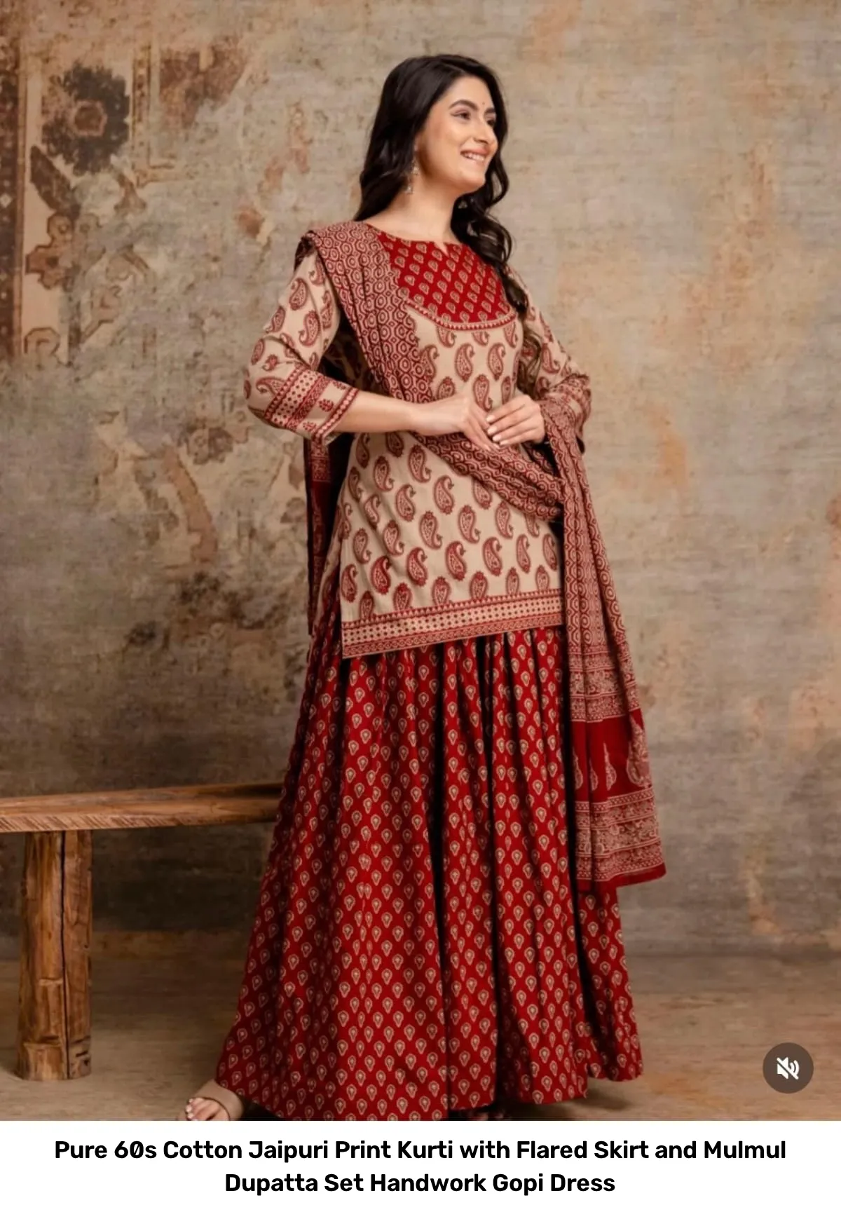 Pure 60s Cotton Jaipuri Print Kurti with Flared Skirt and Mulmul Dupatta Set – Handwork Gopi Dress 3