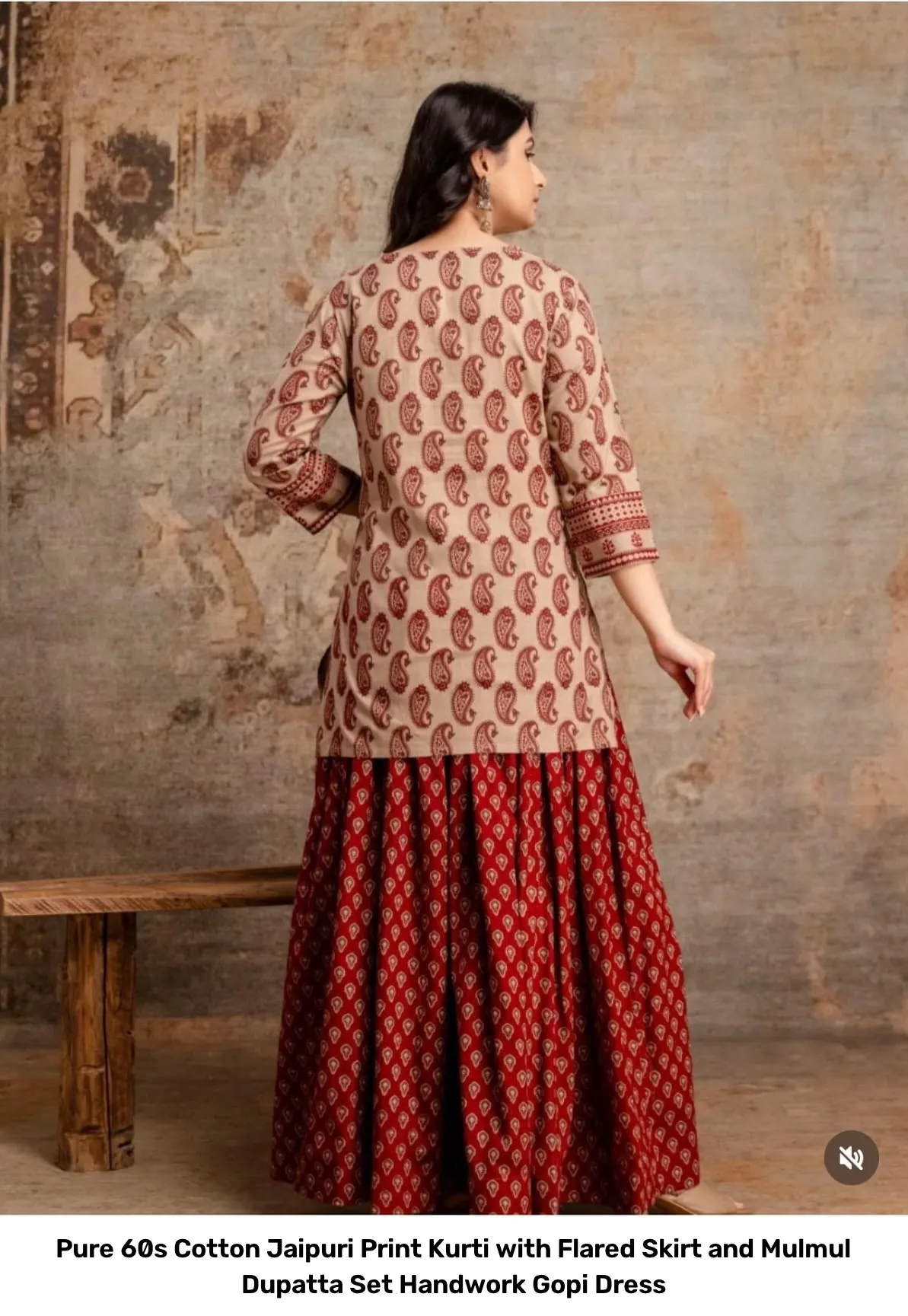 Pure 60s Cotton Jaipuri Print Kurti with Flared Skirt and Mulmul Dupatta Set – Handwork Gopi Dress 4