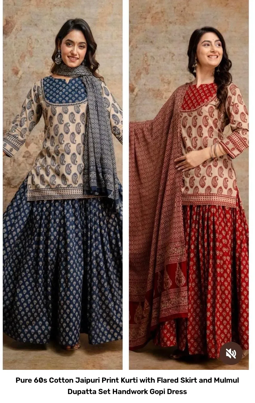 Pure 60s Cotton Jaipuri Print Kurti with Flared Skirt and Mulmul Dupatta Set – Handwork Gopi Dress 5