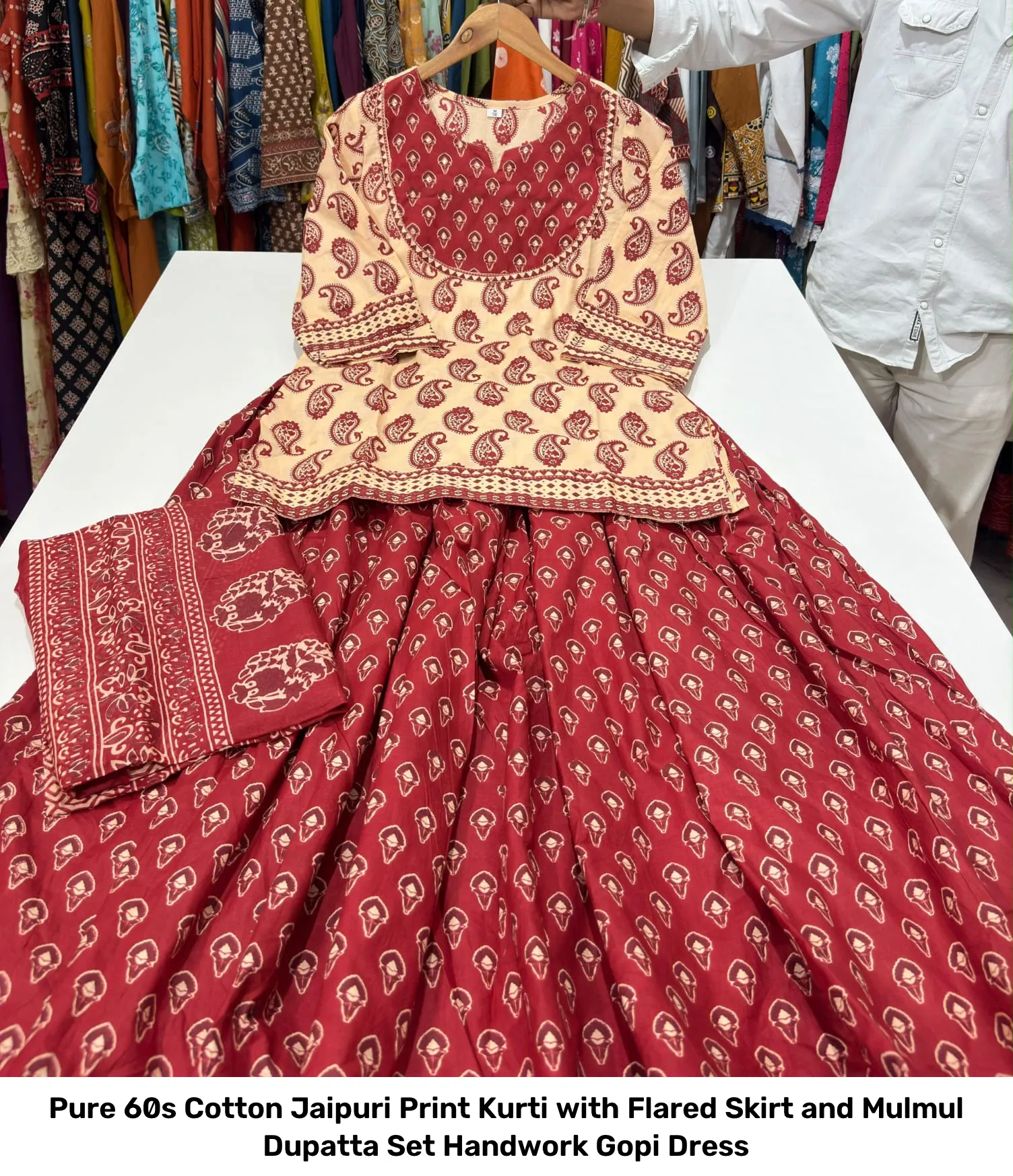 Pure 60s Cotton Jaipuri Print Kurti with Flared Skirt and Mulmul Dupatta Set – Handwork Gopi Dress 6