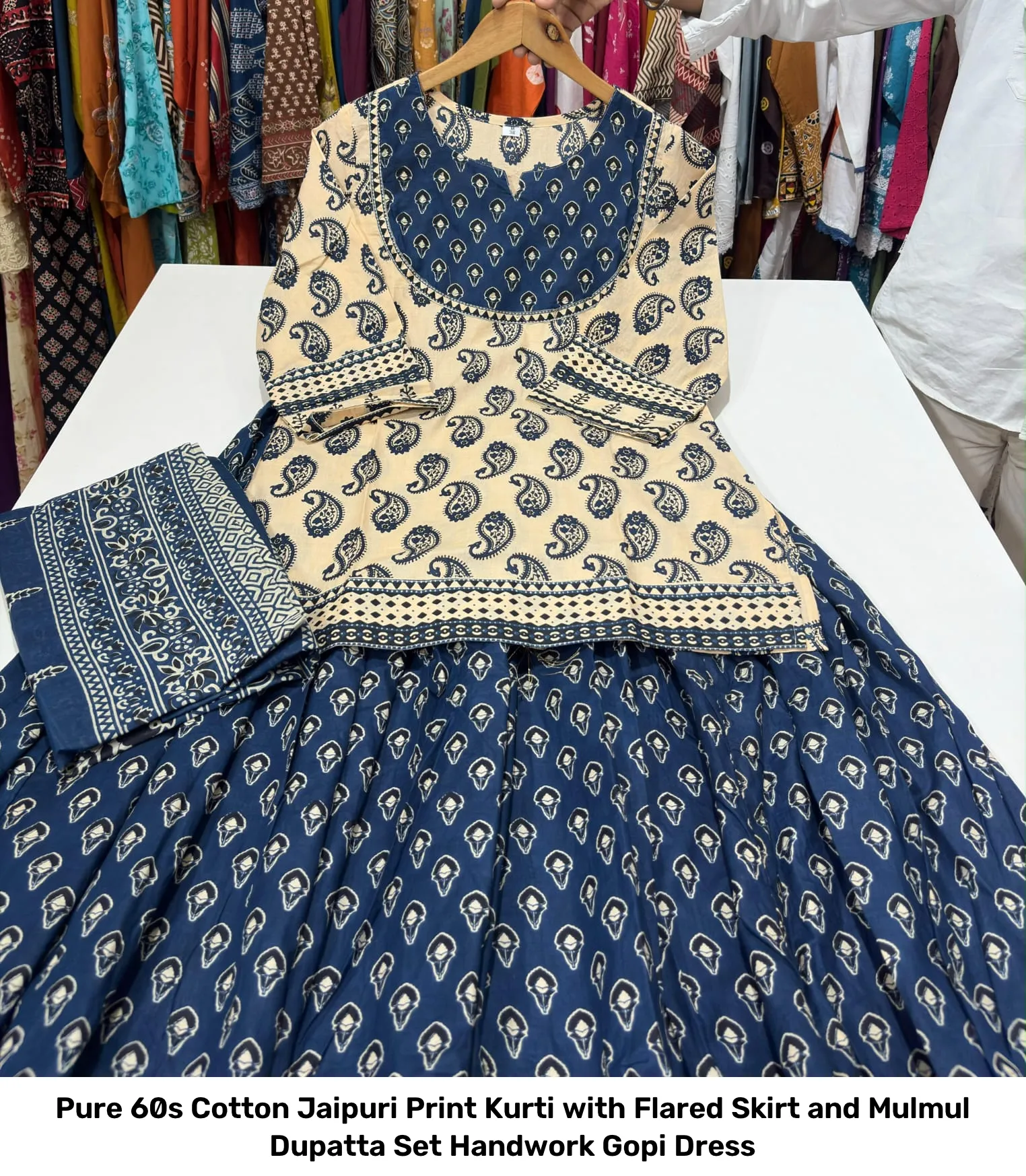 Pure 60s Cotton Jaipuri Print Kurti with Flared Skirt and Mulmul Dupatta Set – Handwork Gopi Dress 7