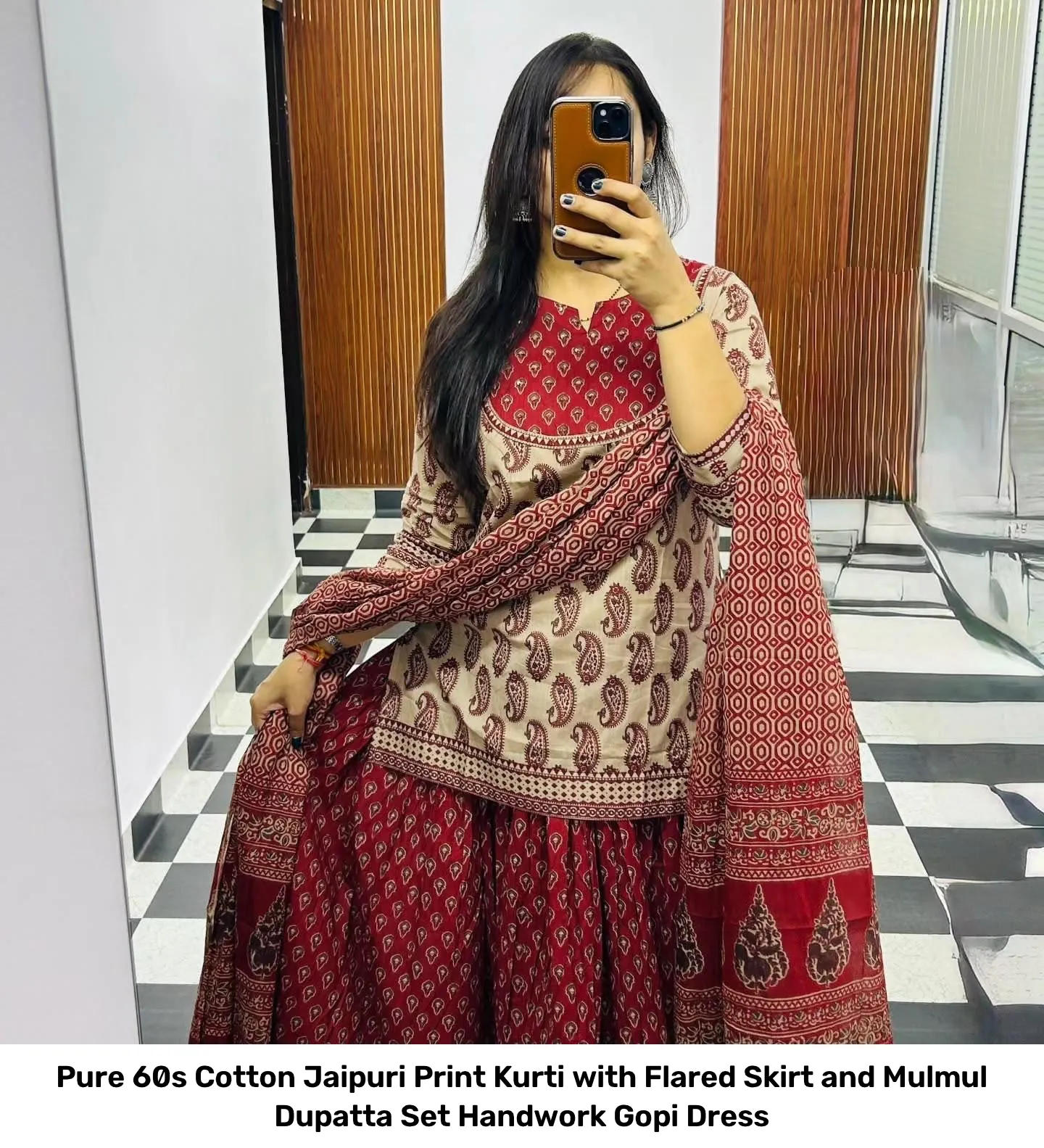 Pure 60s Cotton Jaipuri Print Kurti with Flared Skirt and Mulmul Dupatta Set – Handwork Gopi Dress 8